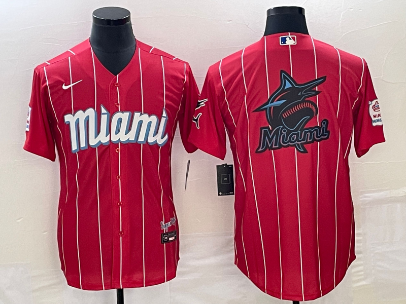 Men's Miami Marlins Red Team Big Logo Cool Base Stitched Baseball Jersey